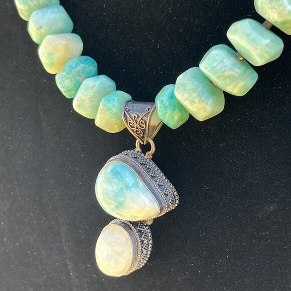Handcrafted Amazonite, Larimar and Moonstone Beaded Necklace Bronze Tone Accents - Picture 6 of 11